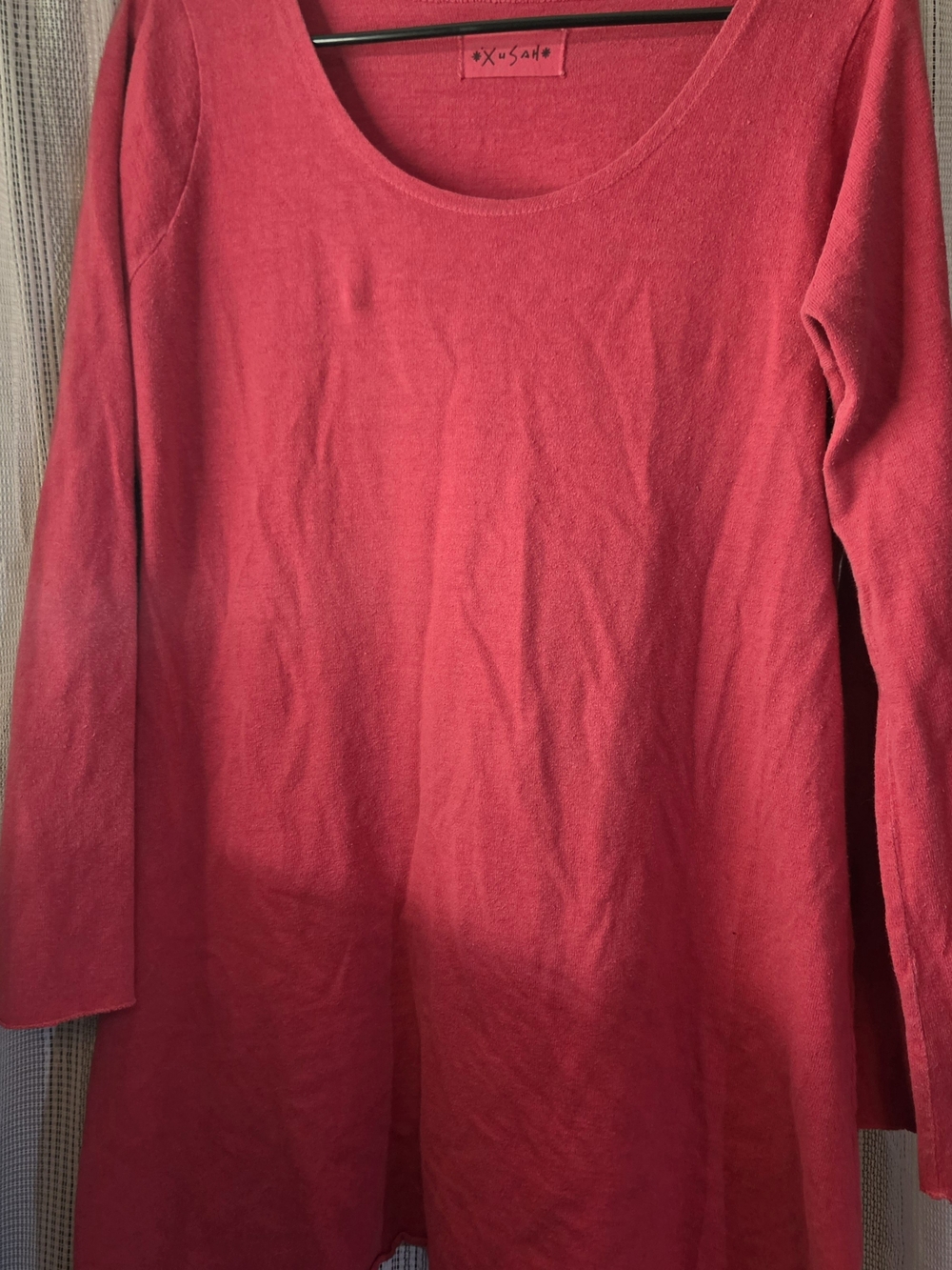 0XuSah 100% Hemp Coral-Red Scoop Neck Long Sleeve Tunic